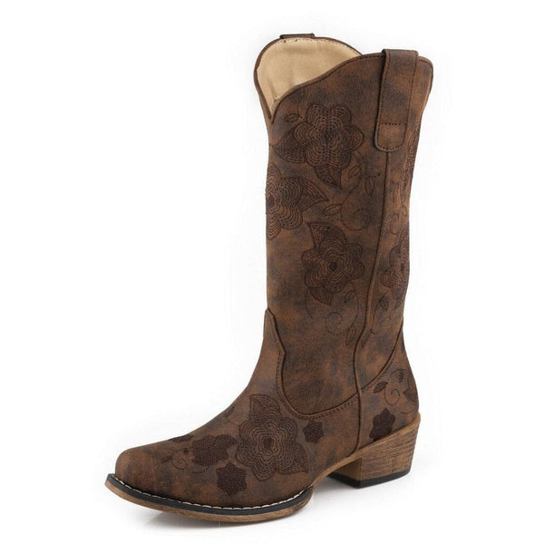 Brown cowboy boot with floral patterns and snip toe on a white background