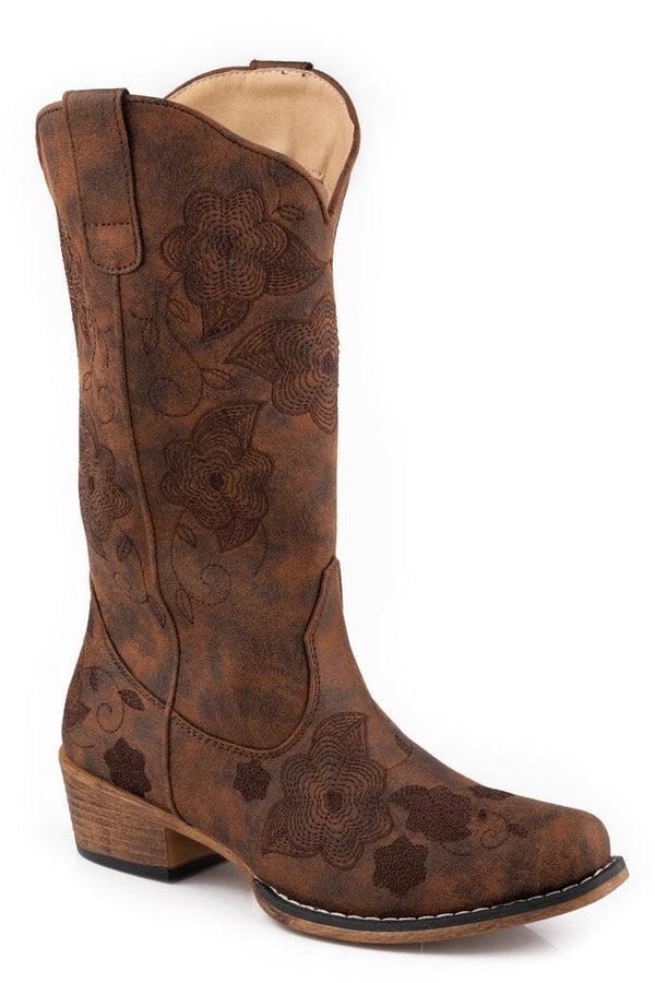A brown faux leather boot with a floral pattern and a snip toe style.