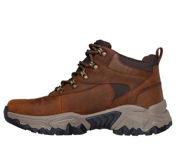 Left side view of  brown, lace-up, mid-top men's work boot with a waterproof upper and a Goodyear rubber outsole.