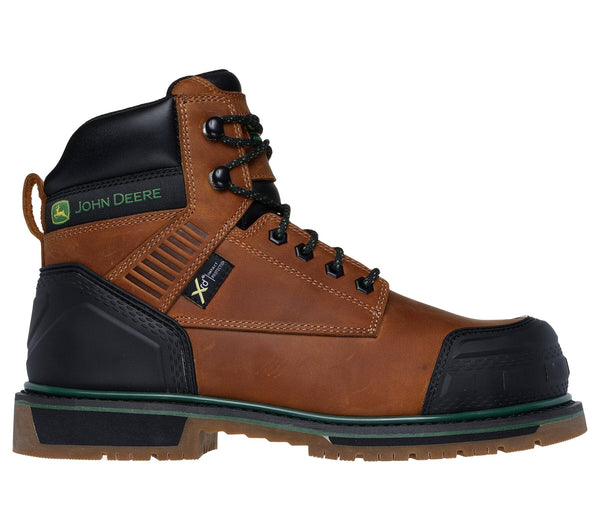 Right side view of a lace-up work boot with a leather upper featuring a padded collar, brown in color, with green and black detailing and logo branding on a white background.