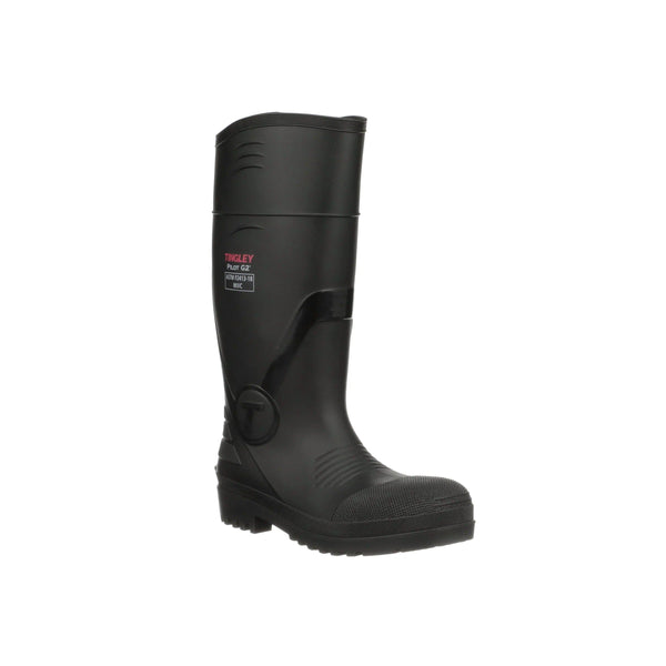 Tall black rubber boot with comp toe on a white background