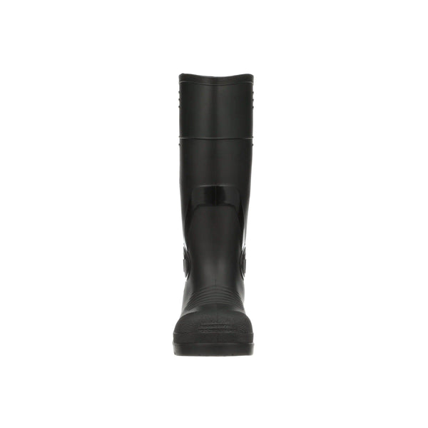 Front view of tall black rubber comp toe boot on a white background