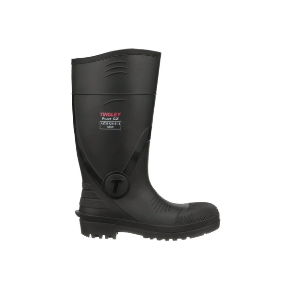 Right side of tall black rubber comp toe boot with Tingley branding on a white background