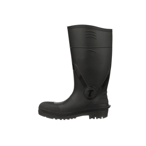 Left side of tall black rubber comp toe boot on a white background