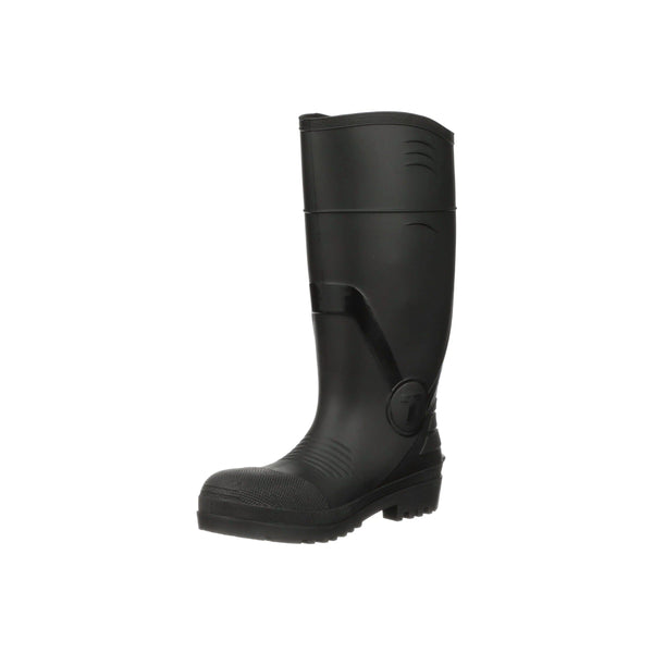 Front left angle view of tall black rubber comp toe boot on a white background