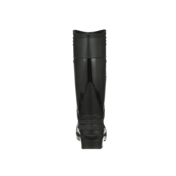 Rear view of tall black rubber comp toe boot on a white background