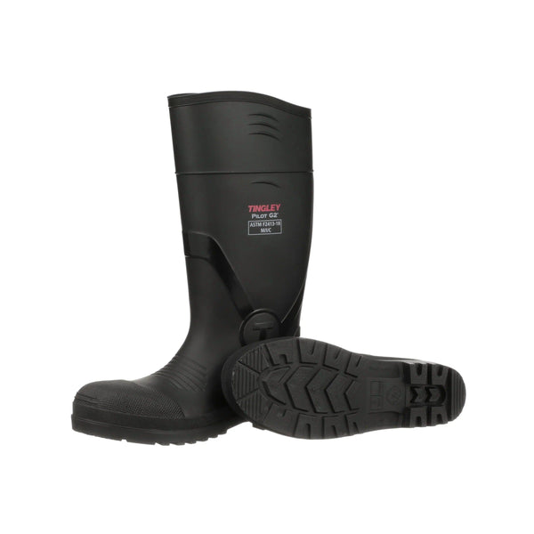 Pair of tall black rubber comp toe boots with tingley branding on a white background