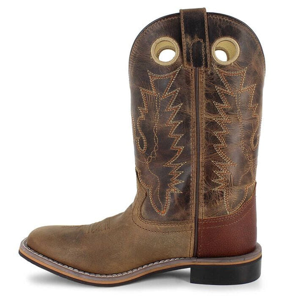 Left side view of a brown distressed leather children's western boot with a square toe and decorative stitching.