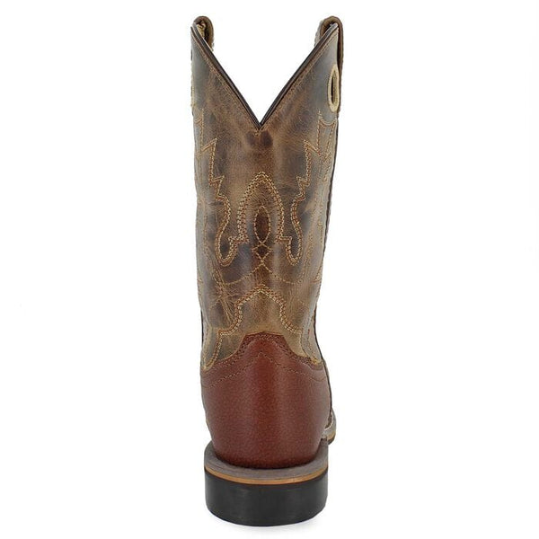 Rear view of a brown distressed leather children's western boot with a square toe and decorative stitching.