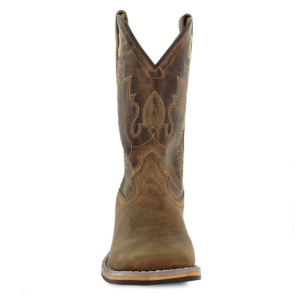 Front view of a brown distressed leather children's western boot with a square toe and decorative stitching.
