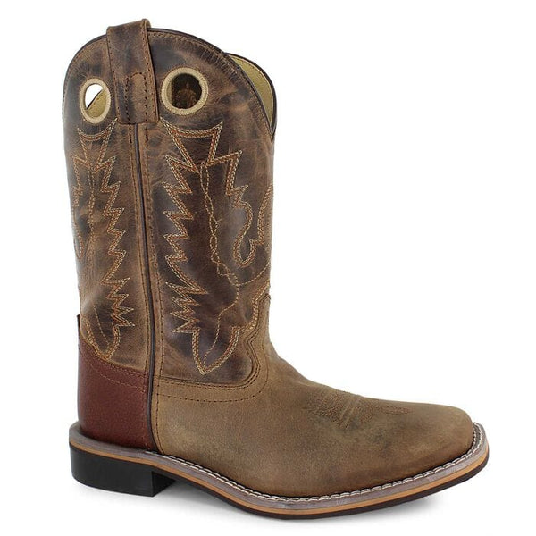 A brown distressed leather children's western boot with a square toe and decorative stitching.