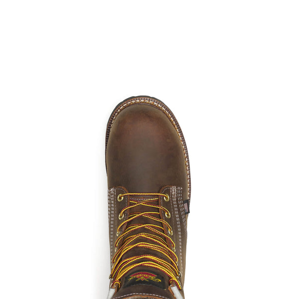 Brown leather boot with laces on a white background