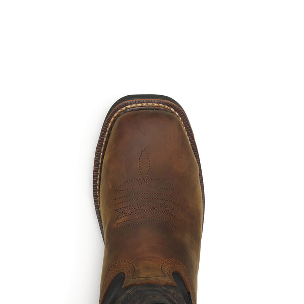 Brown leather boot vamp and square toe on a white background