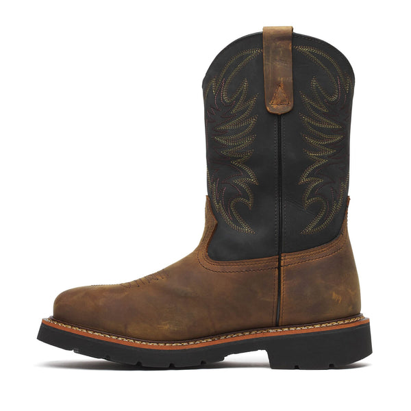 Brown leather cowboy boot with black shaft on a white background