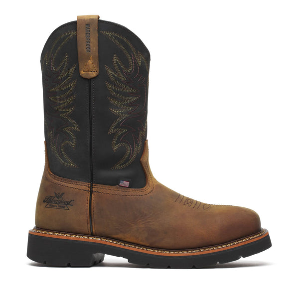 Brown cowboy boot with black shaft on white background