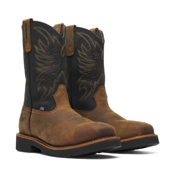 A pair of Thorogood Western Work boots with a square toe, waterproof construction, and a steel safety toe. The boots have a brown full-grain leather upper with black decorative shaft stitching and a brown Crazy Horse bottom.