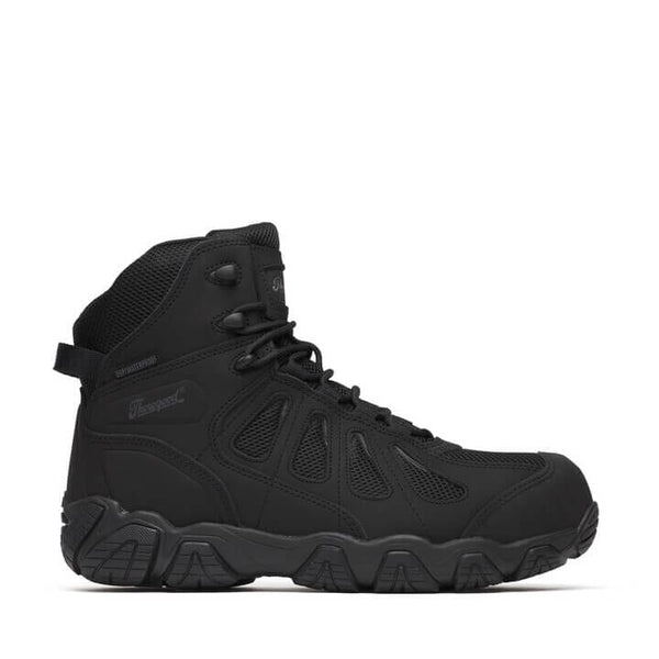 A black, waterproof, composite toe hiker boot with side zipper and lace-up closure.