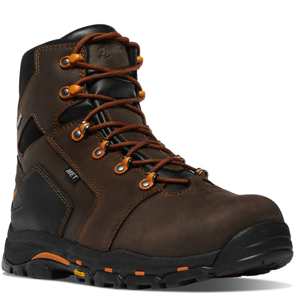 angled side view high top brown work boot with orange accents and laces
