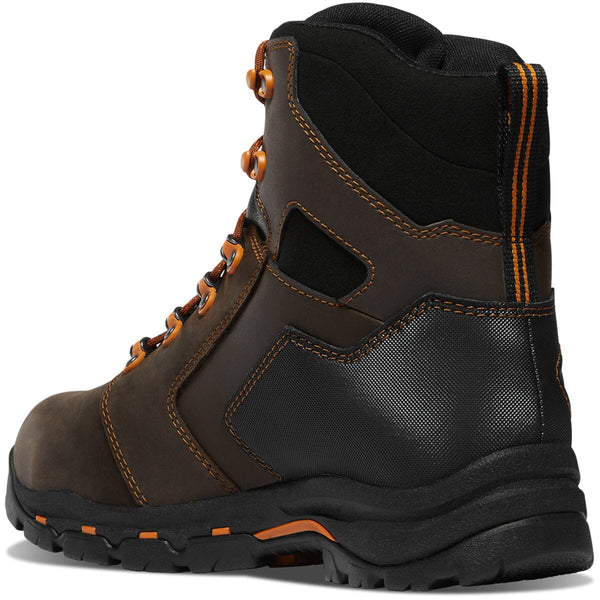 back angled angled side view high top brown work boot with heel guard, orange accents and laces