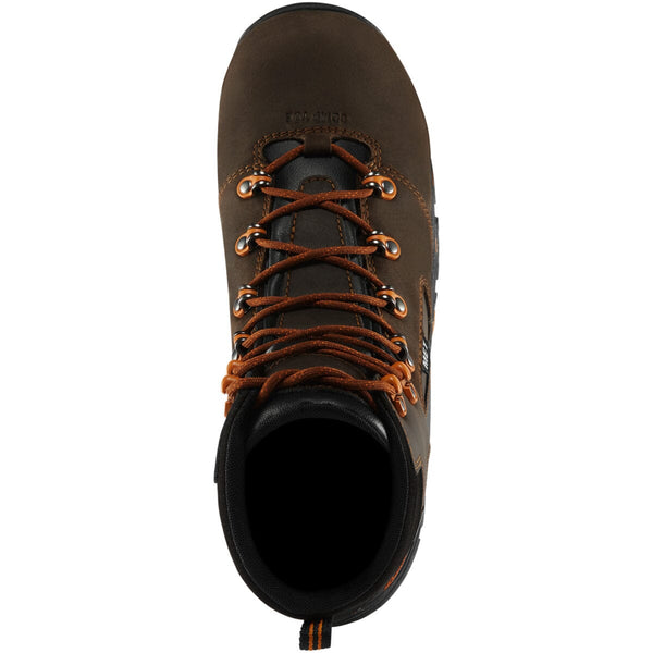 top down angled side view high top brown work boot with orange accents and laces