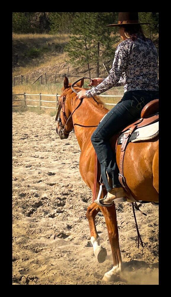 woman in western clothes and brown cowgirl hat riding brown horse in dirt outside