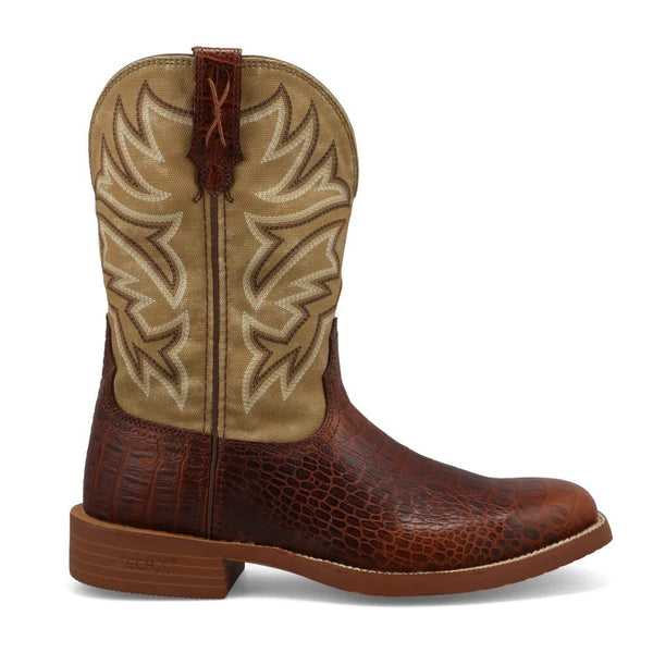Brown and beige cowboy boot with intricate stitching upper and alligator print lower on a white background