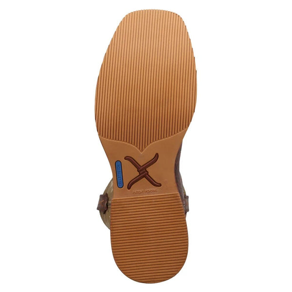 Close-up of a tan shoe sole with a brand logo on a white background