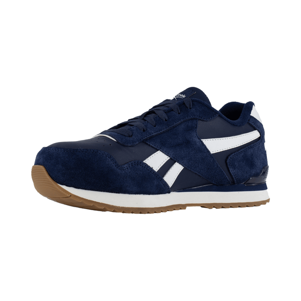 Left front angle view of a navy blue  and white Reebok classic work sneaker with white accents and a rubber outsole on a white background.