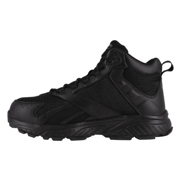 side view of black athletic boot with black laces and sole on a white background