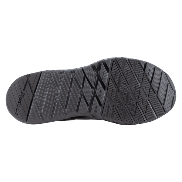 black outsole of athletic style work shoe with criss-cross pattern