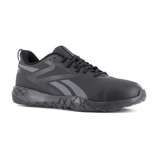 black athletic style work shoe with black sole, black laces, and grey accent design