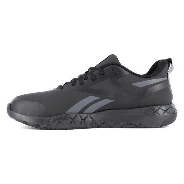 alternate side view of black athletic style work shoe with black sole, black laces, and grey accent design