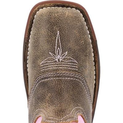 square toe on distressed brown vamp with white stitching