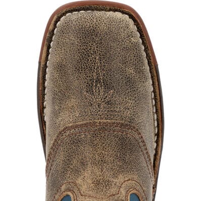 square toe on distressed brown vamp cowboy boot with white stitching