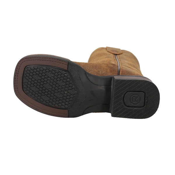 Bottom view of tan boot with black sole and patterned tread on a white background