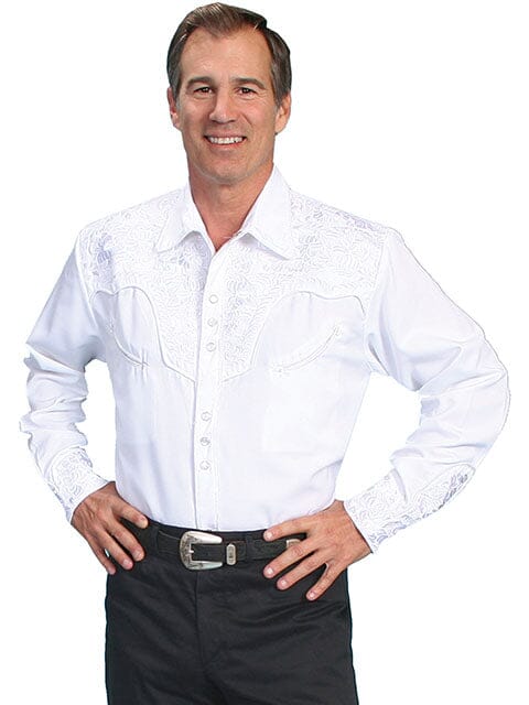 Scully Men's - Long Sleeve Snap Front Embroidered Western Shirt - White
