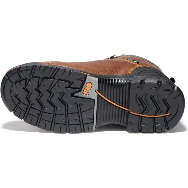 bottom black and orange sole view of Men's brown workboot with black accents
