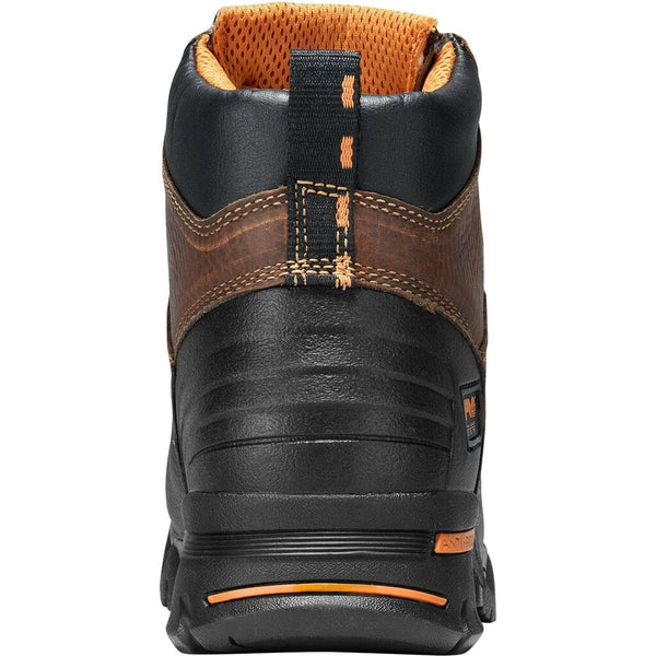 Back of men's brown work boot with black and orange accents and orange timberland pro logo