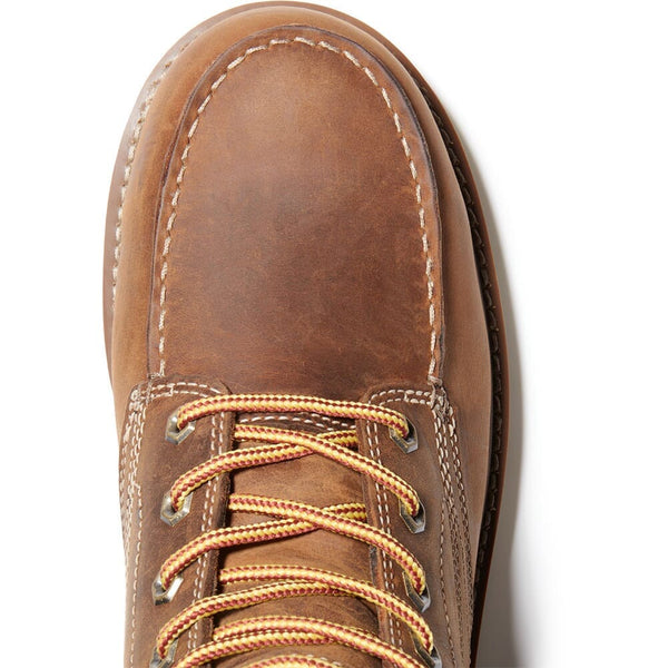 top detailed view of moc toe men's tan leather lace-up work boot