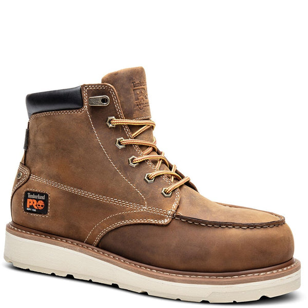 side angled view of men's leather lace-up moc toe work boot with black and orange Timberland logo on side of heel.
