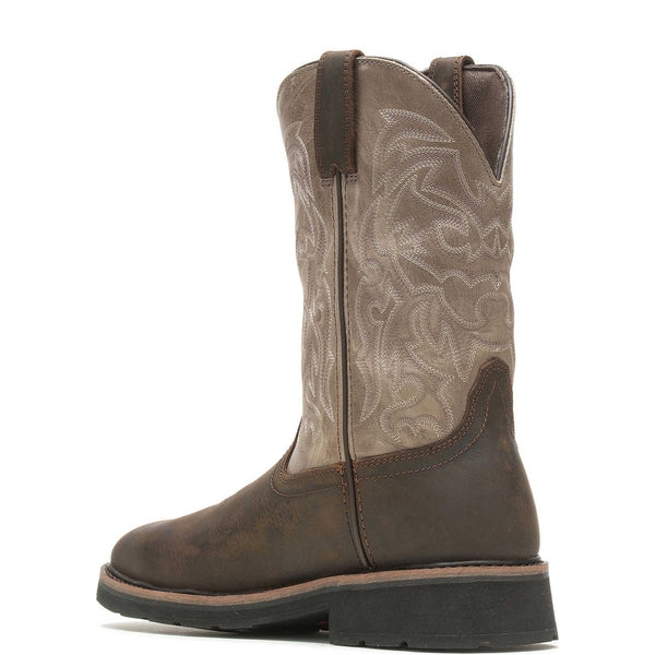 Rear side view of brown cowboy work boot with intricate stitching on shaft on a white background