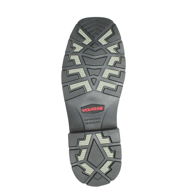 Gray and Black outsole of work boot with tread pattern and branding on a white background