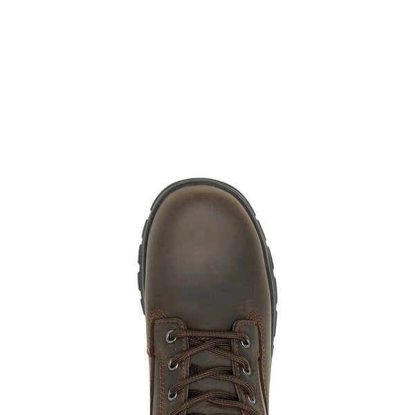 Brown boot round toe close up with brown laces on a white background