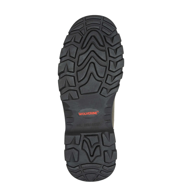 Black sole of men's work boot with wolverine logo in center.
