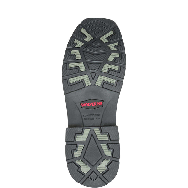 Bottom view of a boot sole with black and grey geometric pattern tread and logo branding.