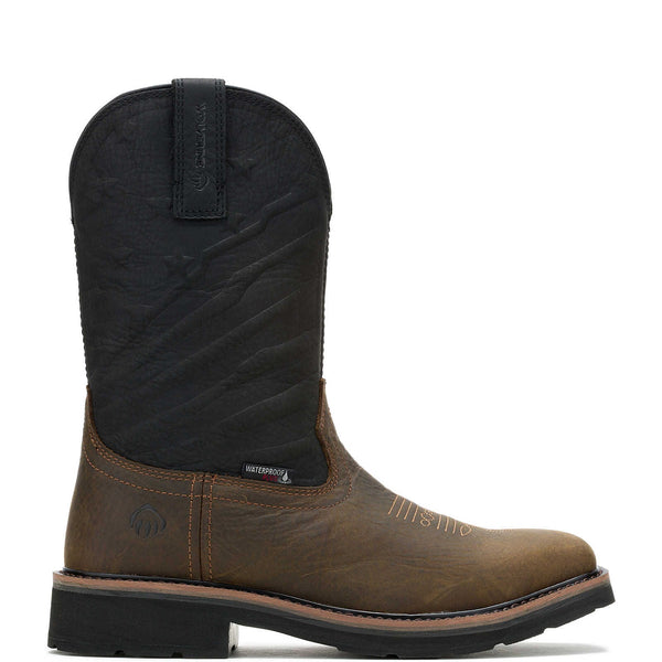 Right side view of brown vamp leather boot with black shaft on a white background