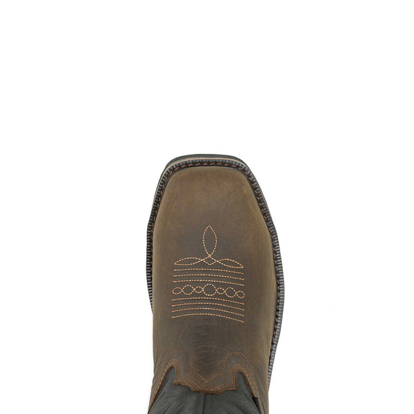 Brown boot square toe detail view with decorative stitching vamp on a white background