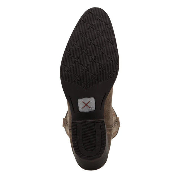 Close-up of a brown shoe sole with a red and white Twisted X logo on a white background