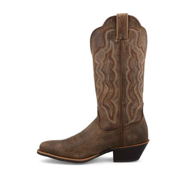 Left side view of brown cowboy boot with intricate stitching on a white background
