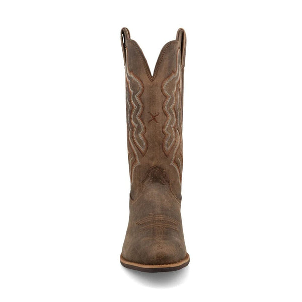 Front view of brown cowboy boot with intricate stitching on a white background